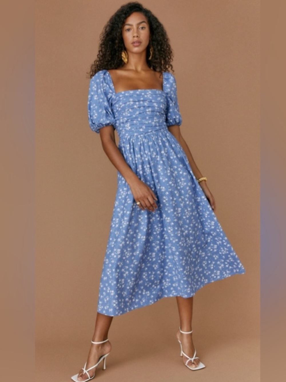 Reformation Rachelle Blue Floral Midi Dress Puff Sleeves Cotton Size 6